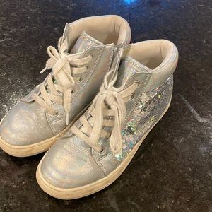 Girls, silver sequin high top tennis shoes